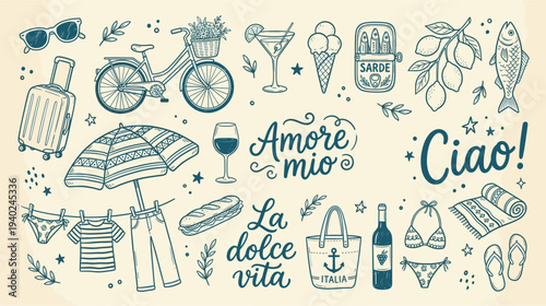 Italian travel and vacation concept with various objects and phrases in blue line art on a beige background, evoking la dolce vita and summer fun in Italy.