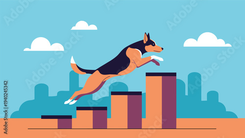 Energetic dog leaping over rising bar chart columns symbolizing business growth success and overcoming obstacles in a professional setting.