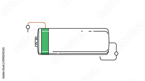 Simple battery icon illustration showing energy levels with a green bar and electrical connection lines on a plain white background.