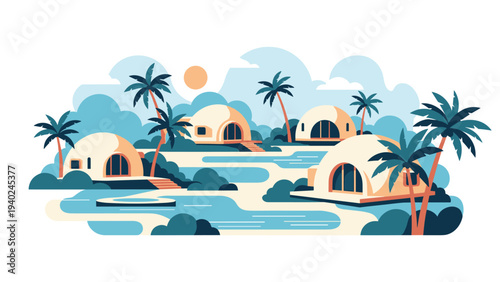 Luxury tropical resort featuring several futuristic white dome houses nestled among palm trees and blue swimming pools.