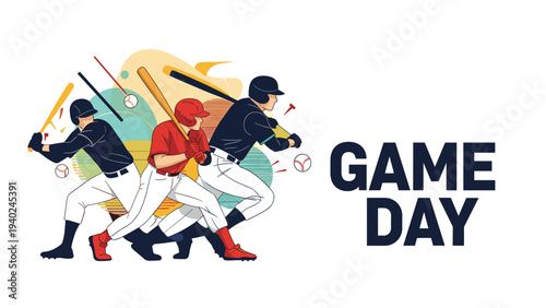 Action-packed illustration of baseball players swinging bats during a game with bold game day typography and colorful background shapes.