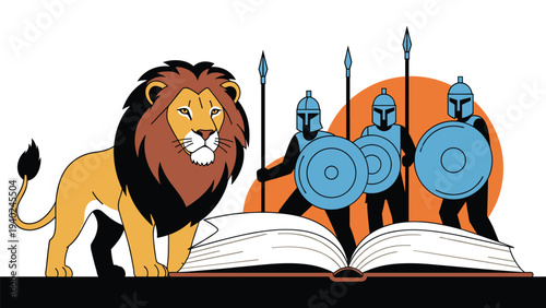 Fantasy scene featuring a majestic lion and three armored soldiers with spears and shields standing beside a large open book.
