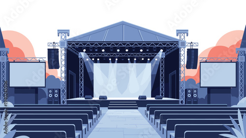 Empty professional music concert stage featuring large speakers lighting rigs video screens and rows of audience seating.