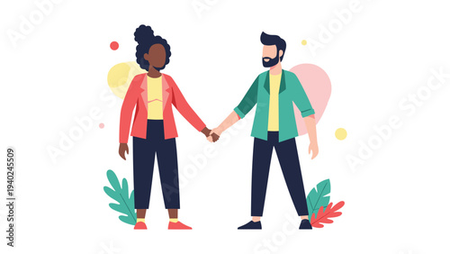 Young man and woman of different ethnicities holding hands symbolizing love friendship and partnership in a colorful background.