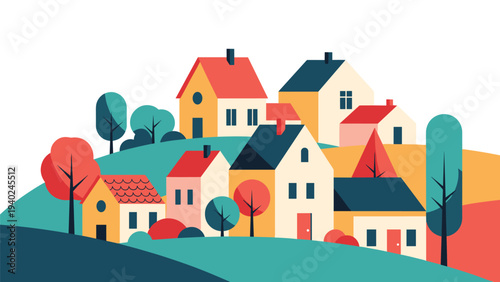 Charming little town landscape with colorful houses and various trees nestled on rolling green hills under a clear white sky.