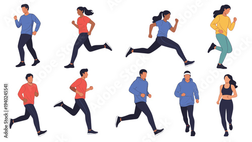 Set of eight diverse men and women in athletic wear captured in various running and jogging poses for fitness and sports.