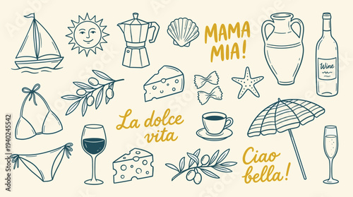 Italian summer vacation icons, beach and wine, la dolce vita, mama mia, ciao bella, travel and leisure, relaxation and fun in the sun, Mediterranean lifestyle