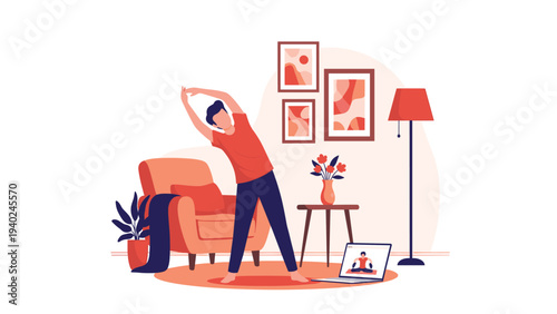 Man in an orange shirt and blue pants practicing stretching exercises at home while following an online fitness video on his laptop.