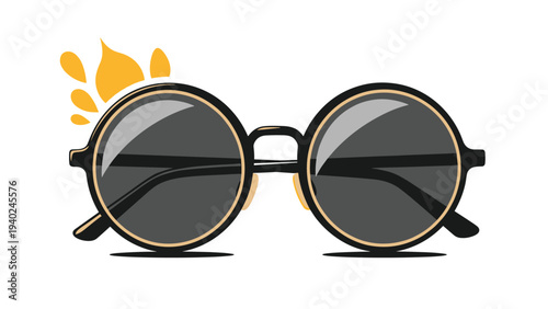 Stylish round black sunglasses with gold accents and creative yellow sun splashes on a clean white background.