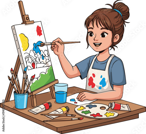 Create a realistic Asian girl playing with paints, vector art with white background.