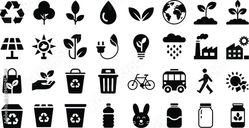 Sustainability and eco friendly icons collection, showing recycling, renewable energy, plants, water, transport, waste management, green living,