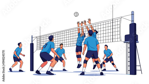Exciting volleyball match with players in blue uniforms competing at the net during an intense team game session.