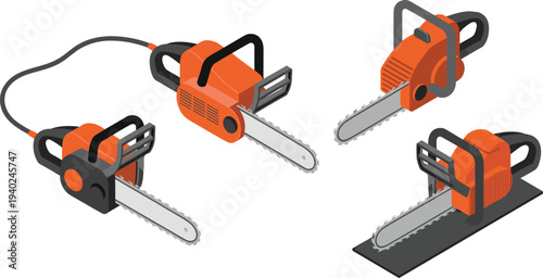 Chainsaw, power, saw, woodcutting, forestry, logging, electric, tool, garden, equipment, cutting, machine, lumberjack, hardware, workshop, maintenance, isometric, illustration, tool, equipment