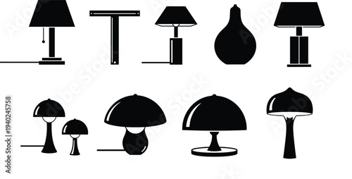 Table lamp silhouettes collection, modern desk lighting icons set, home interior illumination elements, decorative lamp shapes pack, flat vector illustration
