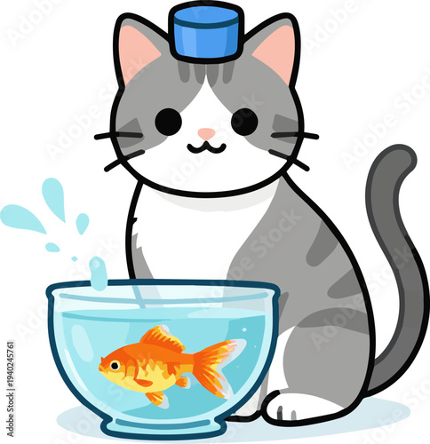 Create a realistic Cat, snorkel, goldfish bowl vector art with white background.
