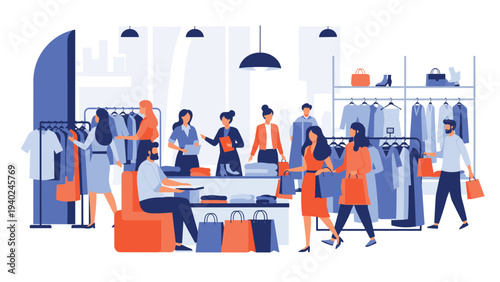 Busy interior of a modern clothing store with shoppers browsing racks and employees helping customers find apparel.