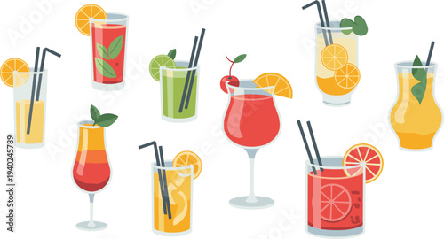 Colorful cocktail drinks set, fresh fruit beverages, citrus cocktails, summer party drinks, alcohol bar menu vector illustration