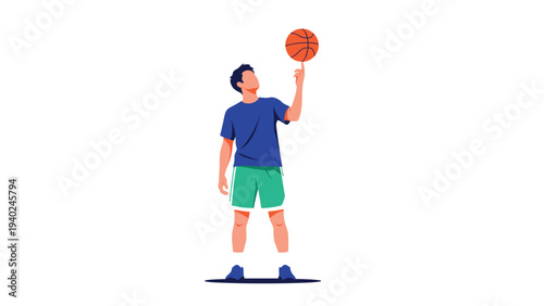 Athletic young man skillfully spinning a basketball on his fingertip while standing against a plain white background.