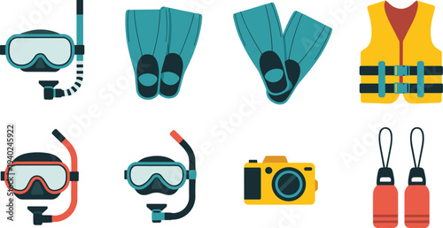 Diving, snorkeling, equipment, fins, mask, snorkel, life, jacket, underwater, camera, flippers, swimming, gear, ocean, sport, travel, marine, accessories, illustration, set