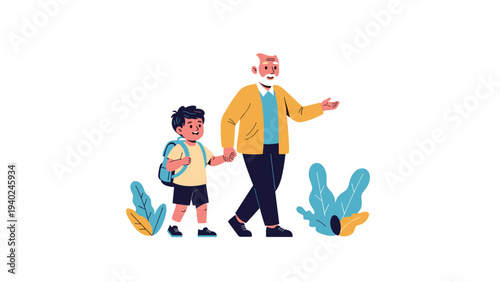 Caring grandfather holding his young grandson's hand while walking him to school on a sunny outdoor path.
