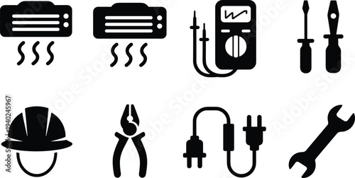 Electrician tools icons set, electrical repair equipment symbols, multimeter, screwdriver, pliers, wrench, plug cable, air conditioner service