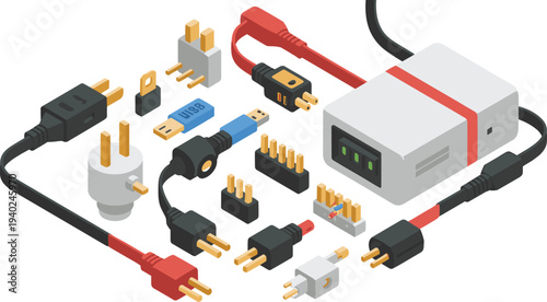 Electrical plugs connectors adapters set, power cables USB ports electronic charging equipment isometric technology illustration collection