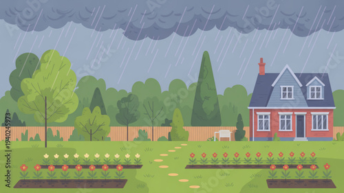 Rainy day at a house with a garden and flower beds on a suburban lawn with trees and a fence