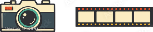 Retro camera and photo film strip illustration, vintage photography equipment icons, classic analog camera vector design collection