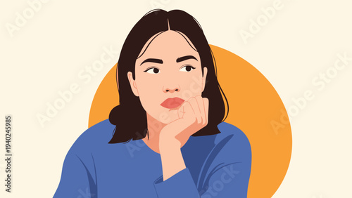 Portrait of a young woman resting her chin on her hand while looking away with a thoughtful or bored expression.