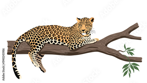 Majestic leopard resting peacefully on a thick tree branch with its spotted coat blending into the surroundings.