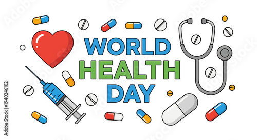 Celebrating World Health Day with medical symbols and healthcare elements surrounding the theme in a vibrant graphic illustration