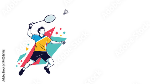 Skilled badminton player leaping into the air to hit a shuttlecock against a colorful geometric background.
