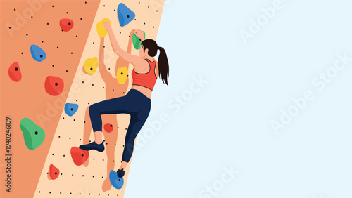 Strong woman climbing up an indoor rock wall reaching for colorful holds during an intense bouldering session.
