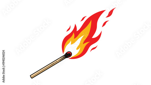 Burning wooden match held at an angle with a vibrant red and yellow fire flame on a clean white background.
