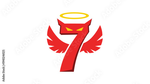 Red number seven character designed with angel wings, a yellow halo, devil horns, and glowing yellow devil eyes.