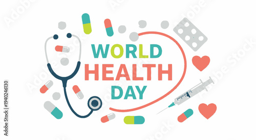 Celebrating World Health Day with medical professionals, health, wellness, and medicine in a vibrant illustration
