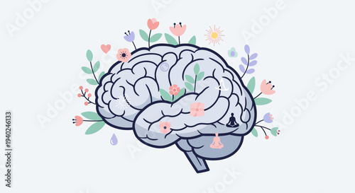 Conceptual Illustration of a Healthy Brain and Floral Elements, Celebrating World Health Day and Mental Well-being