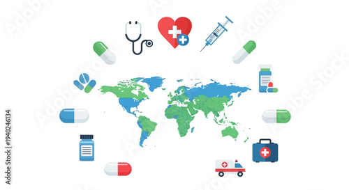 Global Health Awareness on World Health Day with Medical Icons and Medication Surrounding a Green and Blue World Map Illustration