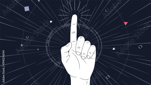 Human hand with an index finger points upwards toward a bright glowing focal point against a dark technical digital background.
