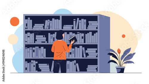 Young woman in orange sweater selects a book from a tall library shelf filled with many various volumes.