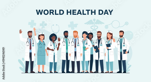 World Health Day Celebrating Healthcare Heroes with Diverse Medical Professionals Standing Together
