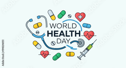 Celebrating World Health Day with medical symbols and healthcare elements in a circular arrangement