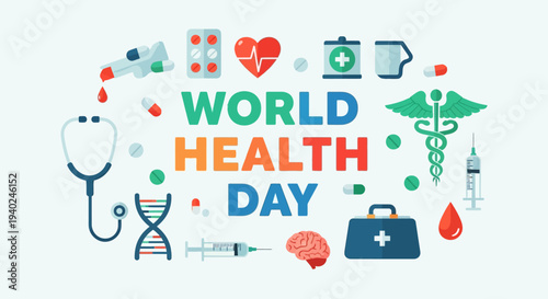 World Health Day Celebrating Global Health and Well-being with Medical Symbols and Healthcare Icons