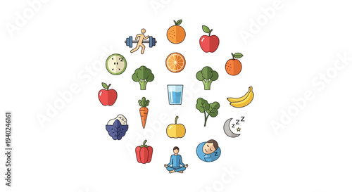 Celebrating World Health Day with a vibrant heart-shaped collage of healthy food and drinks illustrations on a clean background