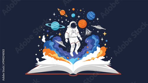 Vibrant space scene with an astronaut and planets emerging from the pages of an open storybook in the dark.