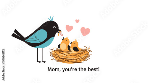 Mother bird feeds her baby chicks in a cozy nest with a heart background to celebrate a happy mothers day.