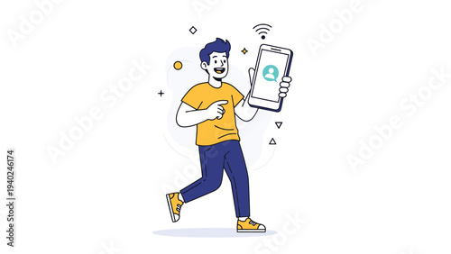 Happy young man showing his mobile phone screen with a user profile icon while walking against a simple background.