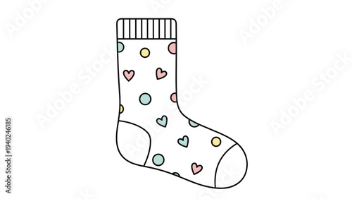 Single white sock decorated with colorful pastel polka dots and small heart shapes on a plain white background.