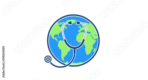 Global healthcare awareness and connection with the stethoscope wrapped around the planet symbolizing World Health Day and the importance of universal well-being