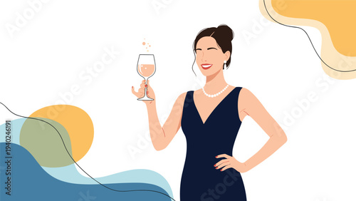 Beautiful woman in a classic dark dress holding a glass of bubbly wine with abstract colorful background shapes.